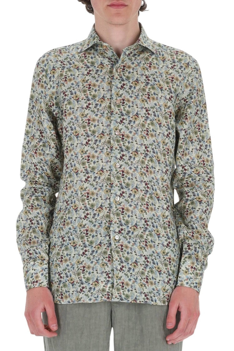 Borriello Green Flower Pattern Linen Casual Shirt