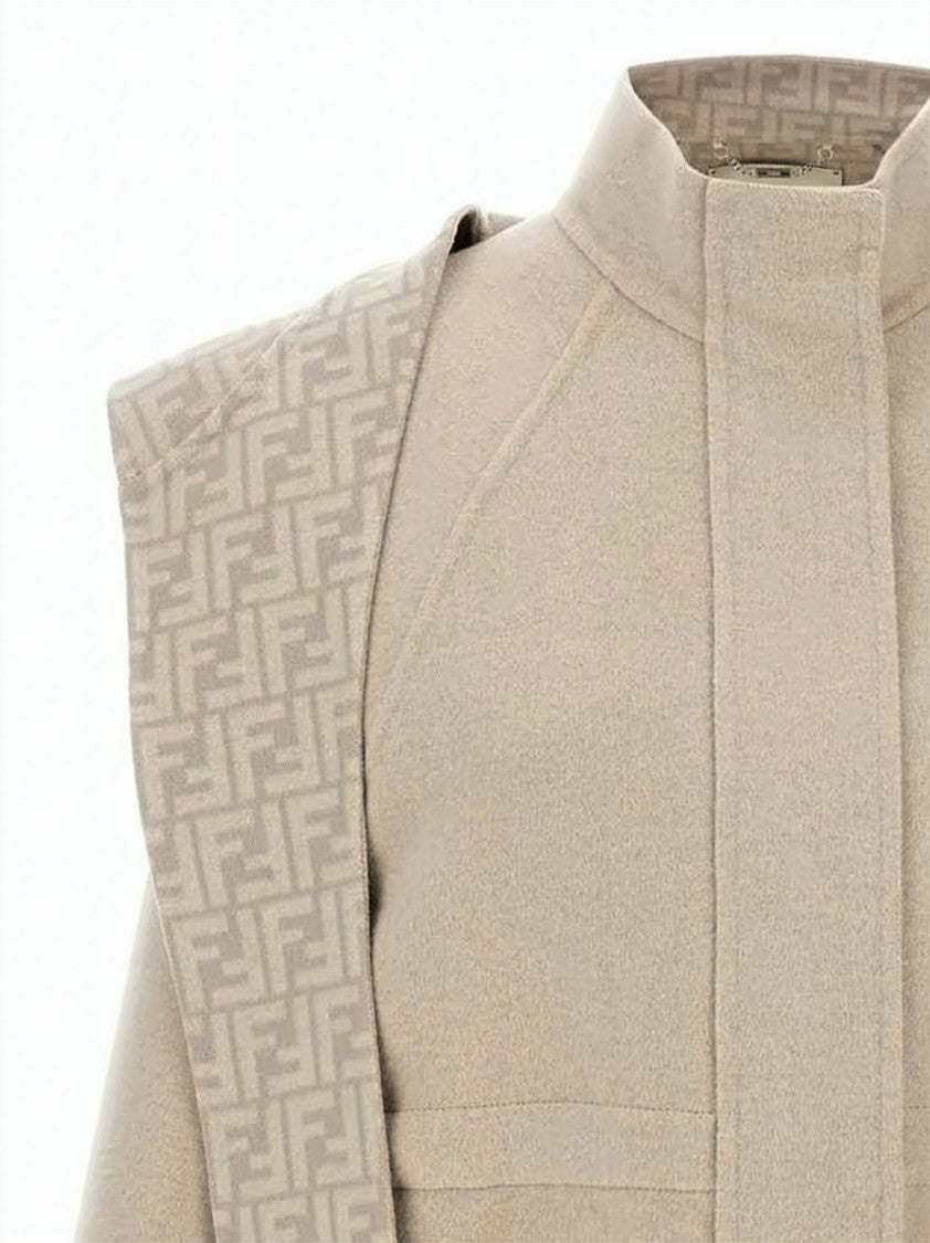 Fendi High Collar Beige Wool-Silk Blend Jacket With Monogram Accents