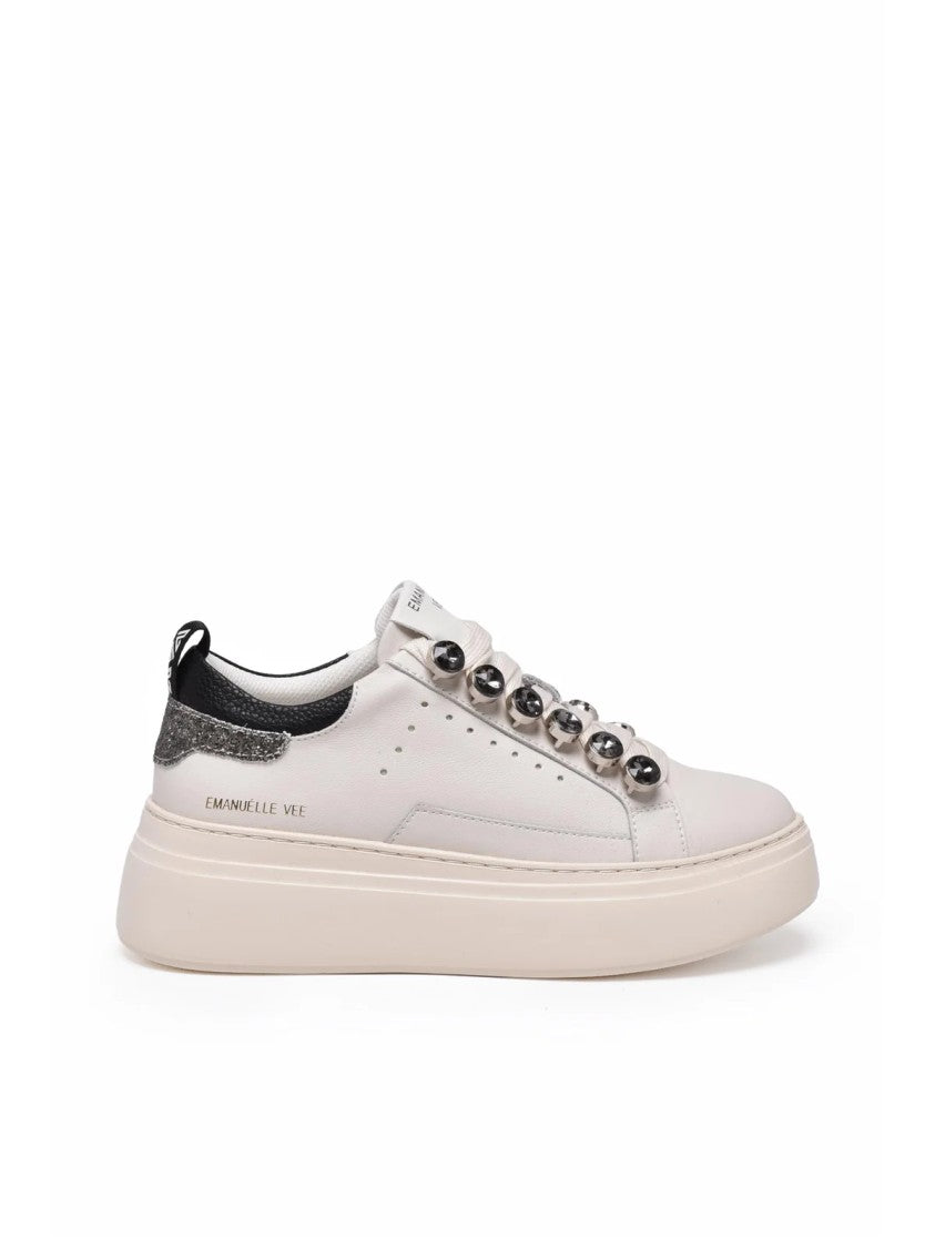 Emanuélle Vee Beige/Black Glitter Leather-Blend Chunky Sneakers
