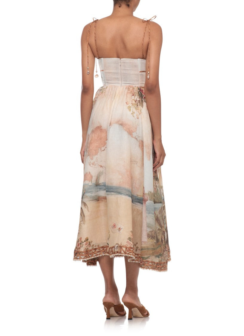 Zimmermann Island Map Print Midi Dress With Structured Bodice And Shell Charms