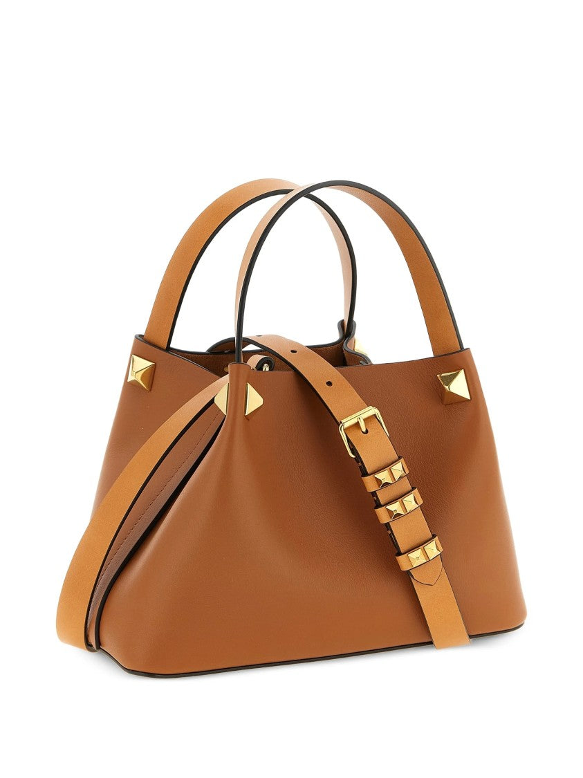Valentino Structured Tan Leather Tote With Gold-Tone Accents
