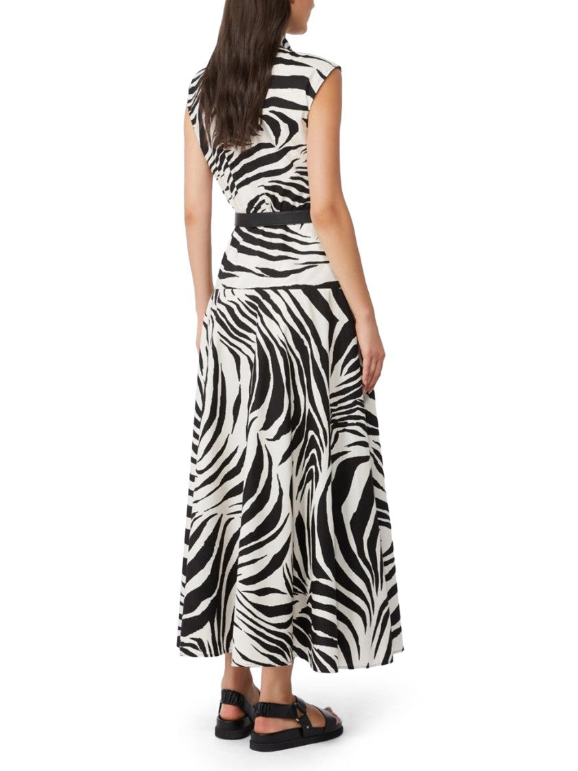 Max Mara Zebra Print Midi Dress With High Collar And Gold Buckle