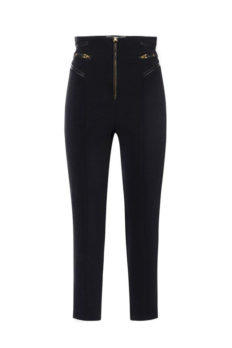 Elisabetta Franchi Black Front Zip Pocket Detail Polyester-Wool Cropped Pants