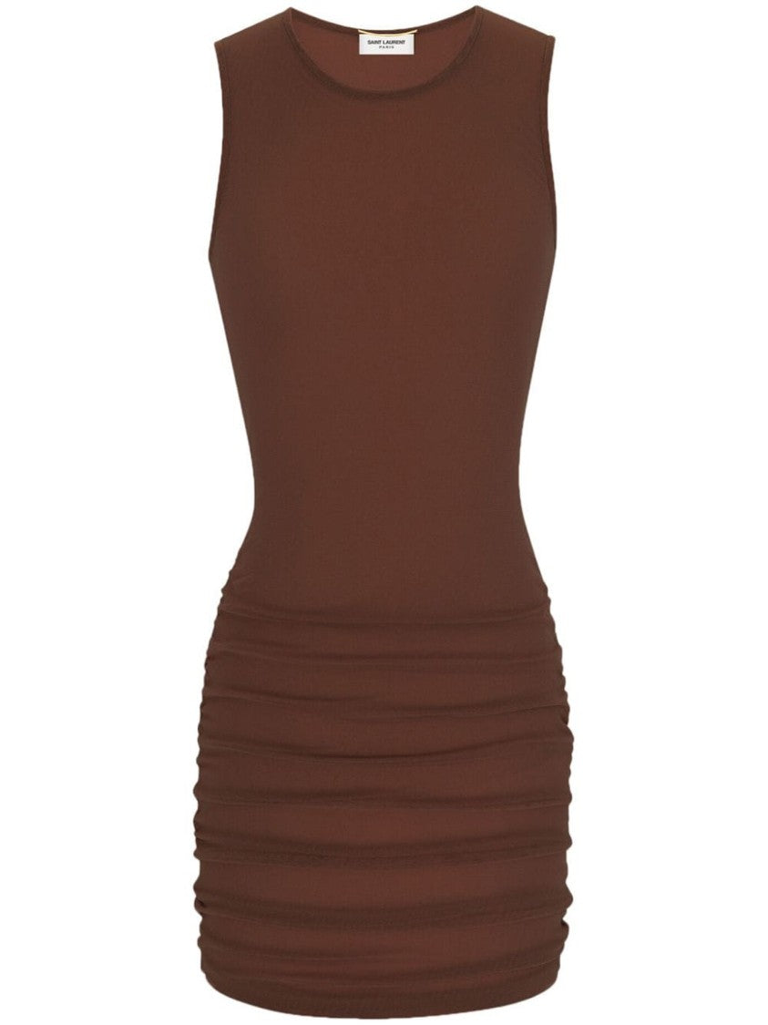 Saint Laurent Gathered Side Dress In Rich Brown Polyamide