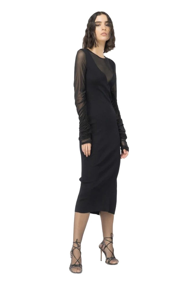 Pinko Ribbed Black Midi Dress Sheer Mesh