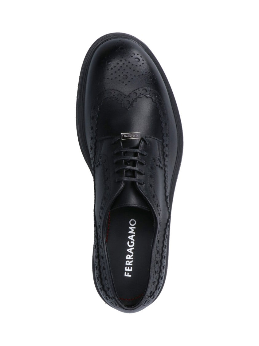 Ferragamo Logo Derby Shoes In Brown Leather Brogue