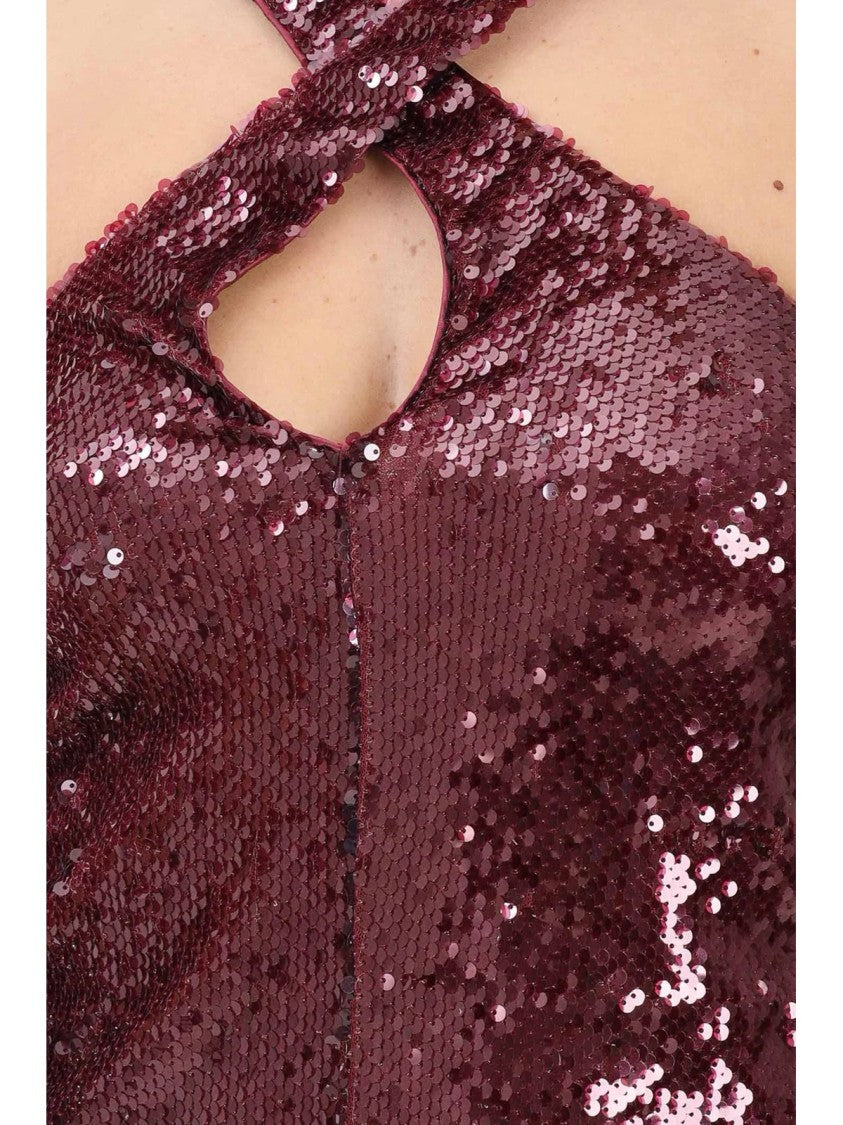 Akep Crimson Sequin Top With Crisscross Halter Neckline