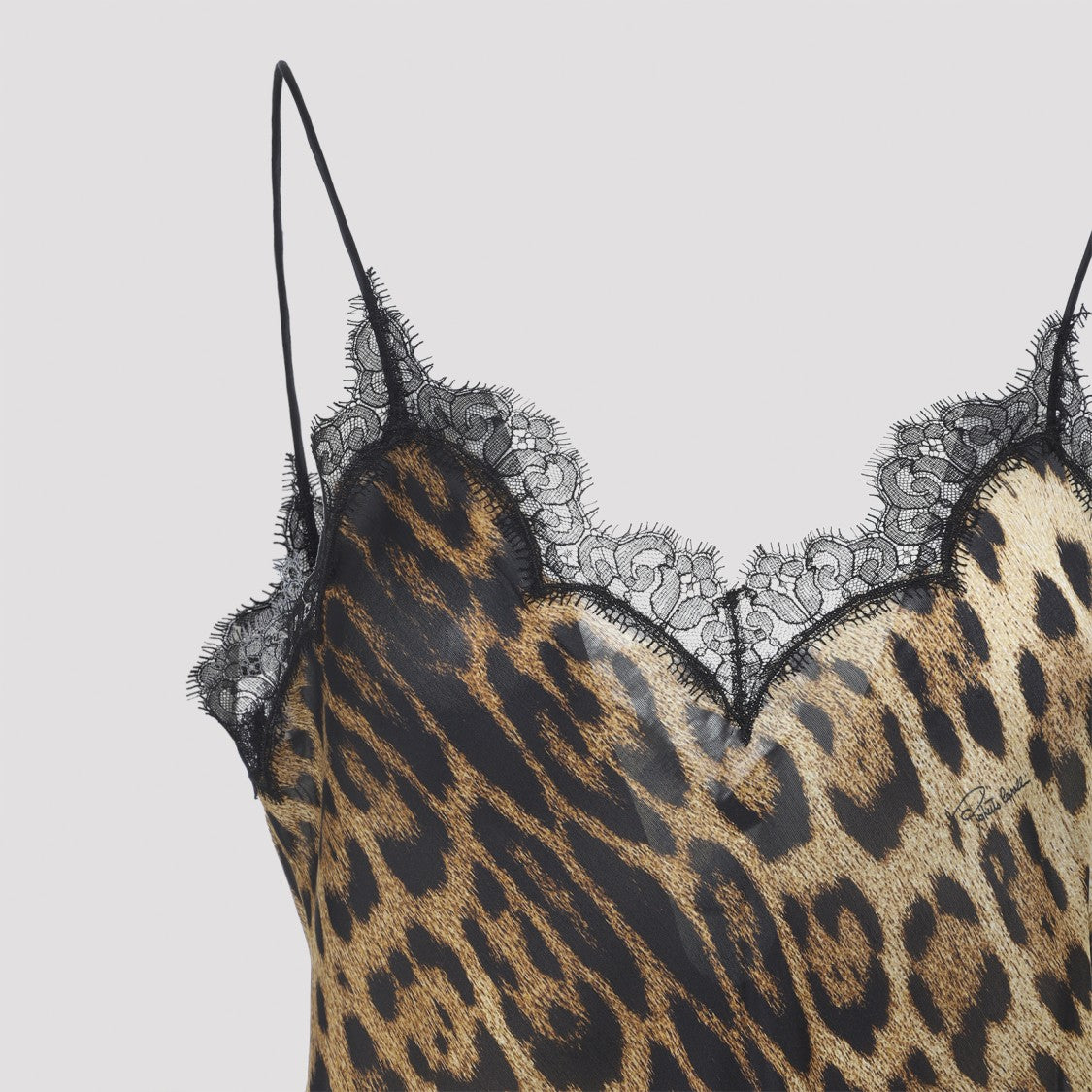 Roberto Cavalli Animalier Silk Mini Dress With Scalloped Lace Trim