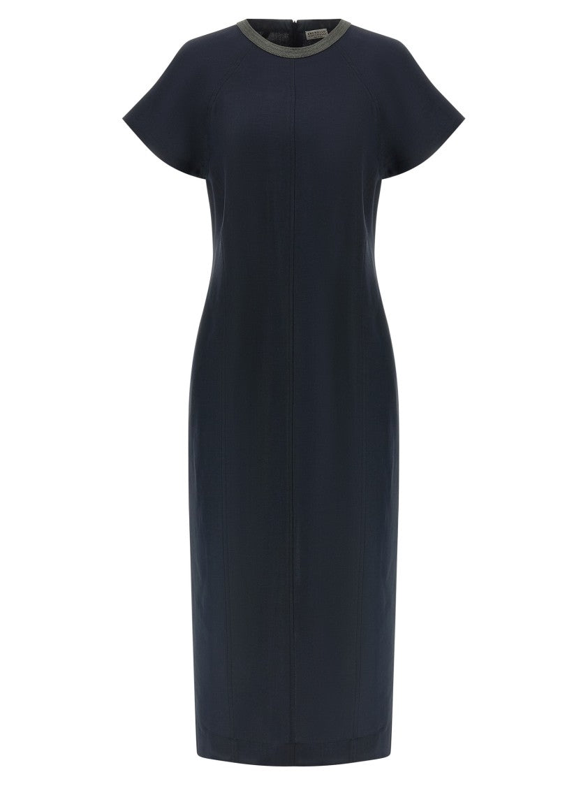 Brunello Cucinelli 'Precious Collar' Viscose And Linen Midi Dress