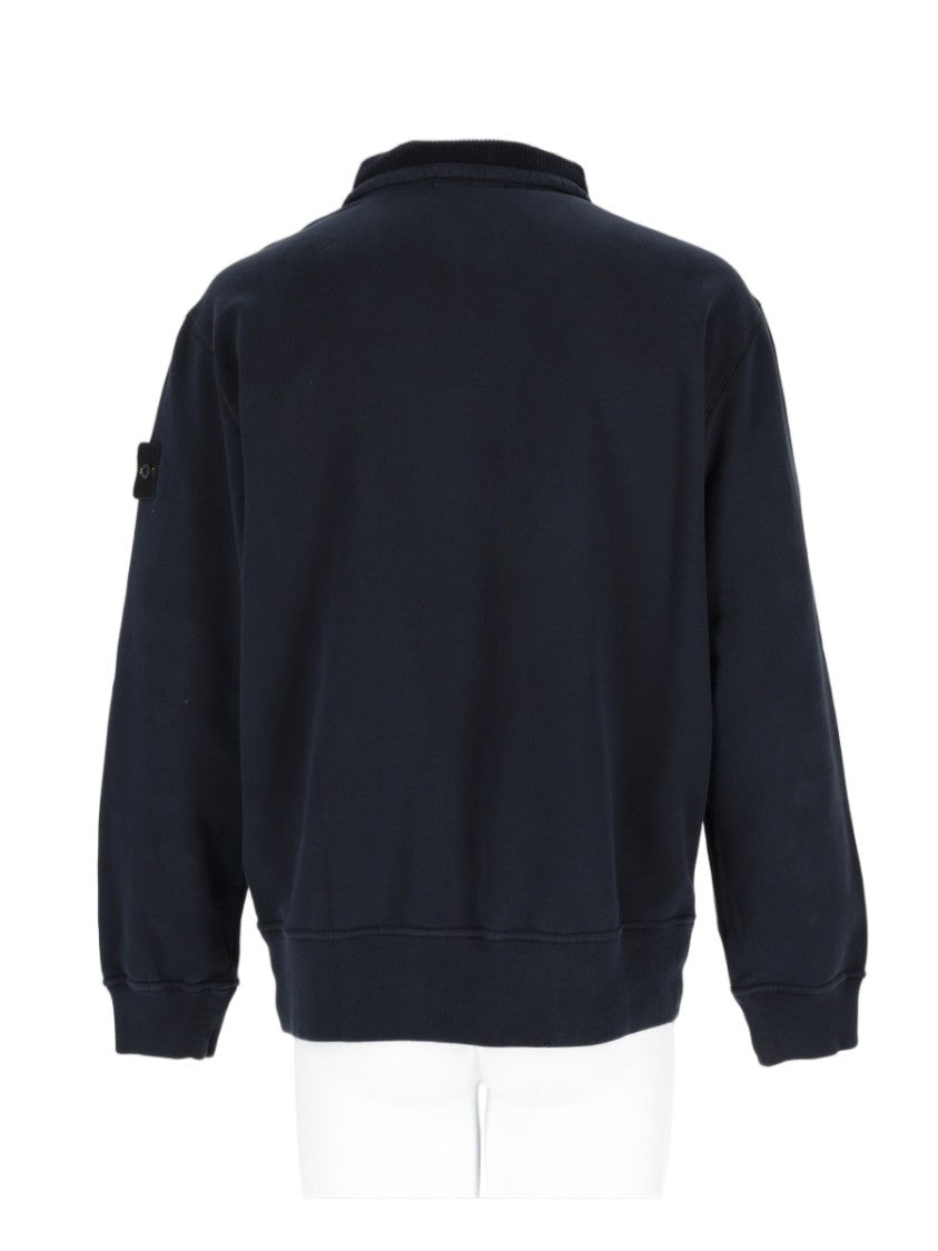 Stone Island Deep Blue Cotton Long-Sleeve Zip Collar Polo Shirt