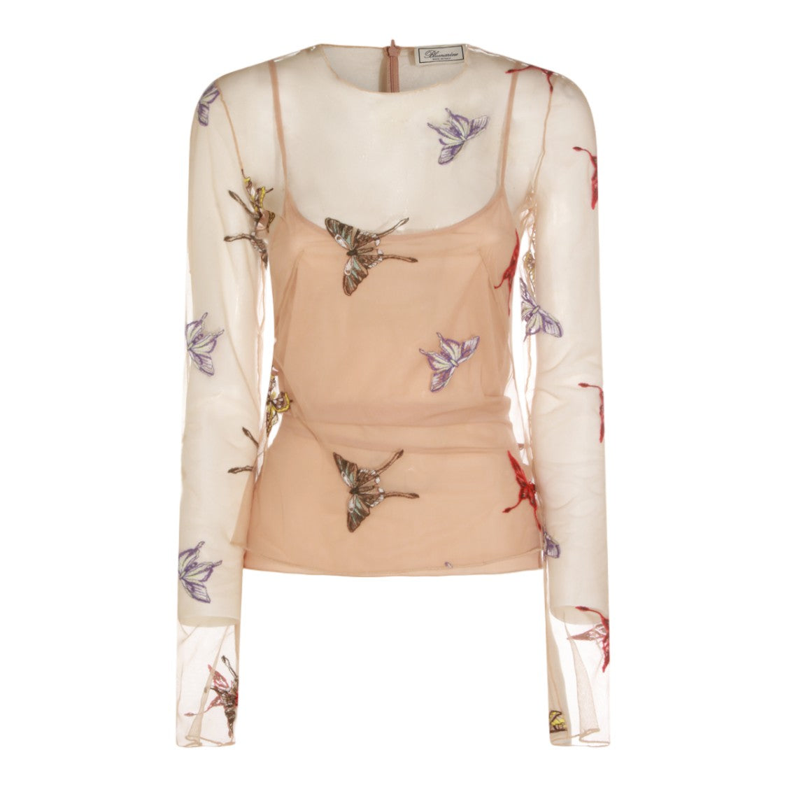 Blumarine Long-Sleeved Sheer Mesh Top With Embroidered Butterflies