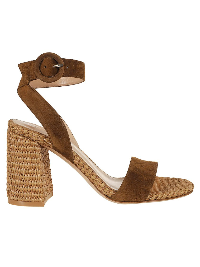 Gianvito Rossi Rounded-Toe Sandal With Raffia-Covered Heel And Suede Buckle