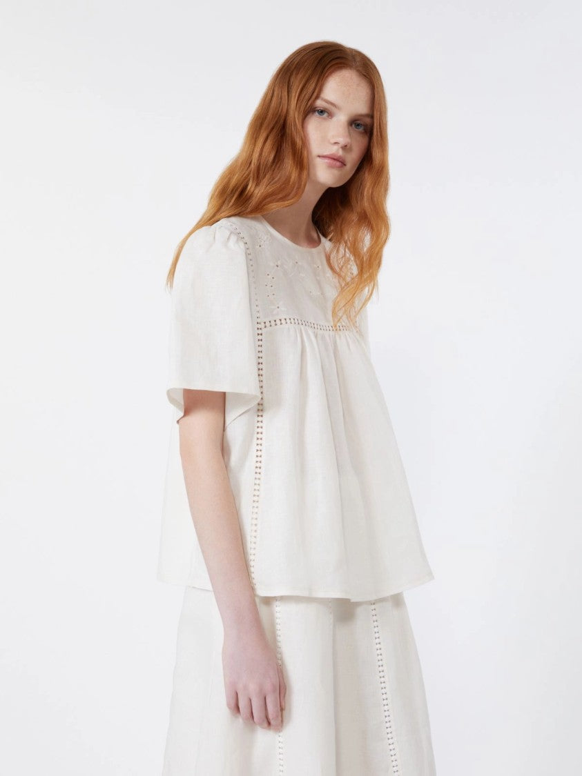 Max Mara White Eyelet Embroidered Puff Sleeve Top