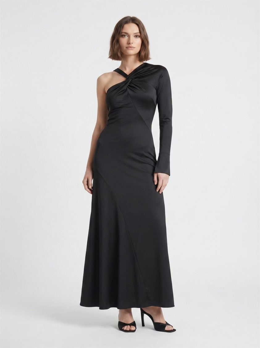 Victoria Beckham Black One-Shoulder Draped Train Polyester Maxi Dress