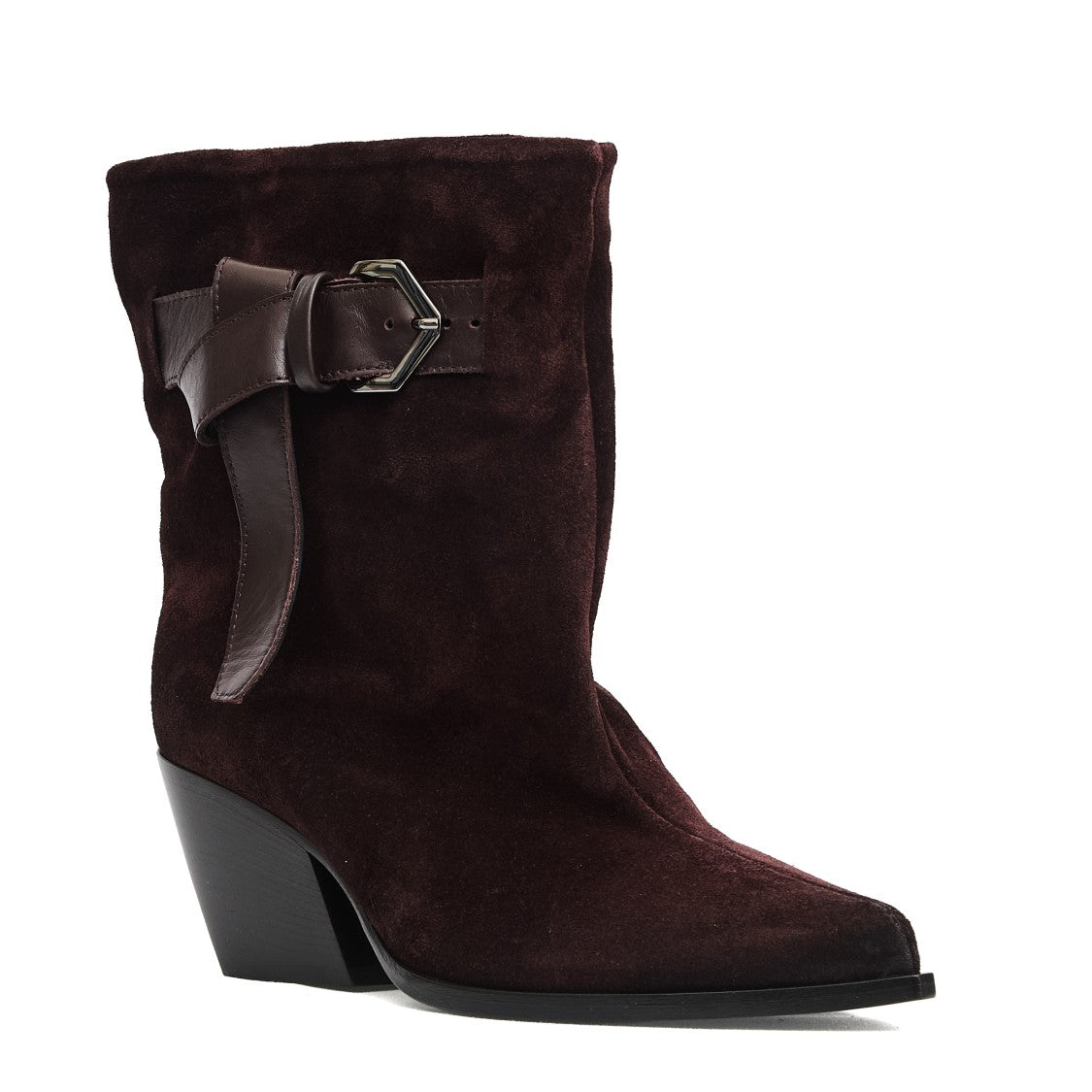Elena Iachi Bordeaux Suede Ankle Boots With Wide Leather Buckle