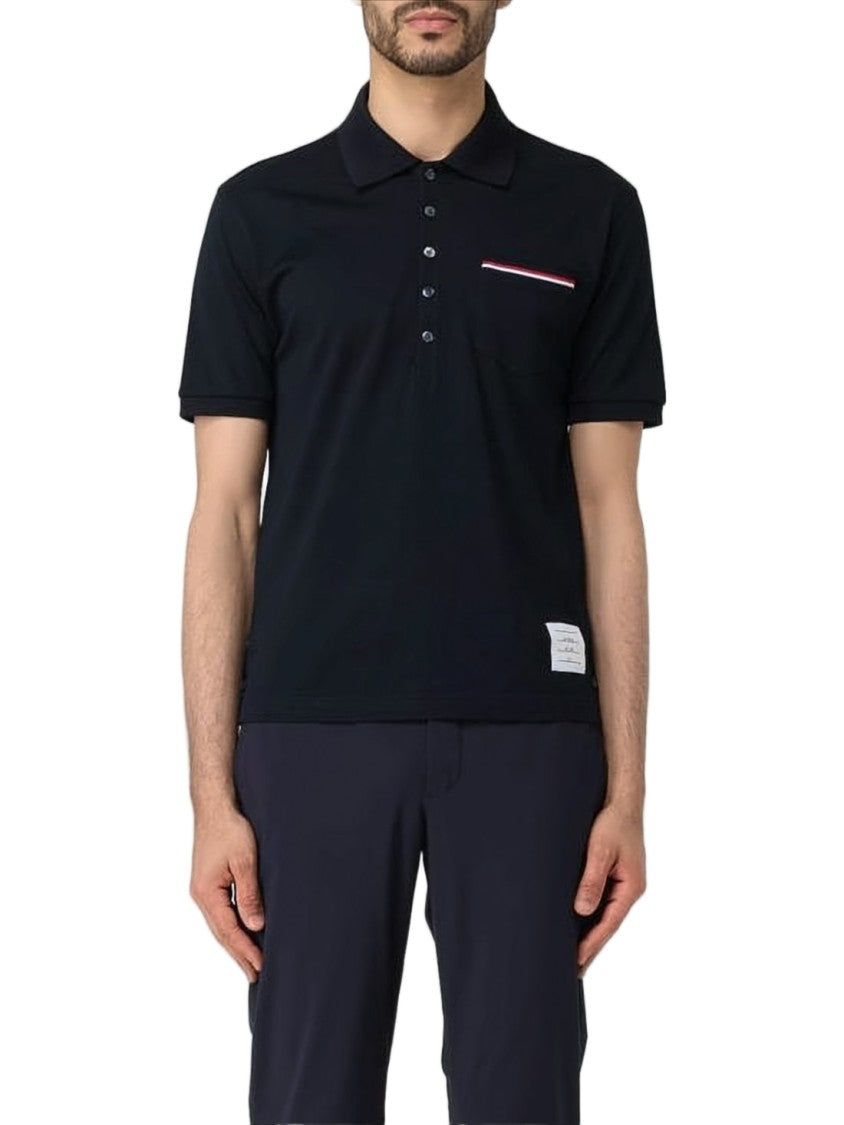 Thom Browne Short-Sleeve Polo Shirt With Buttoned Placket And Stripe Detail