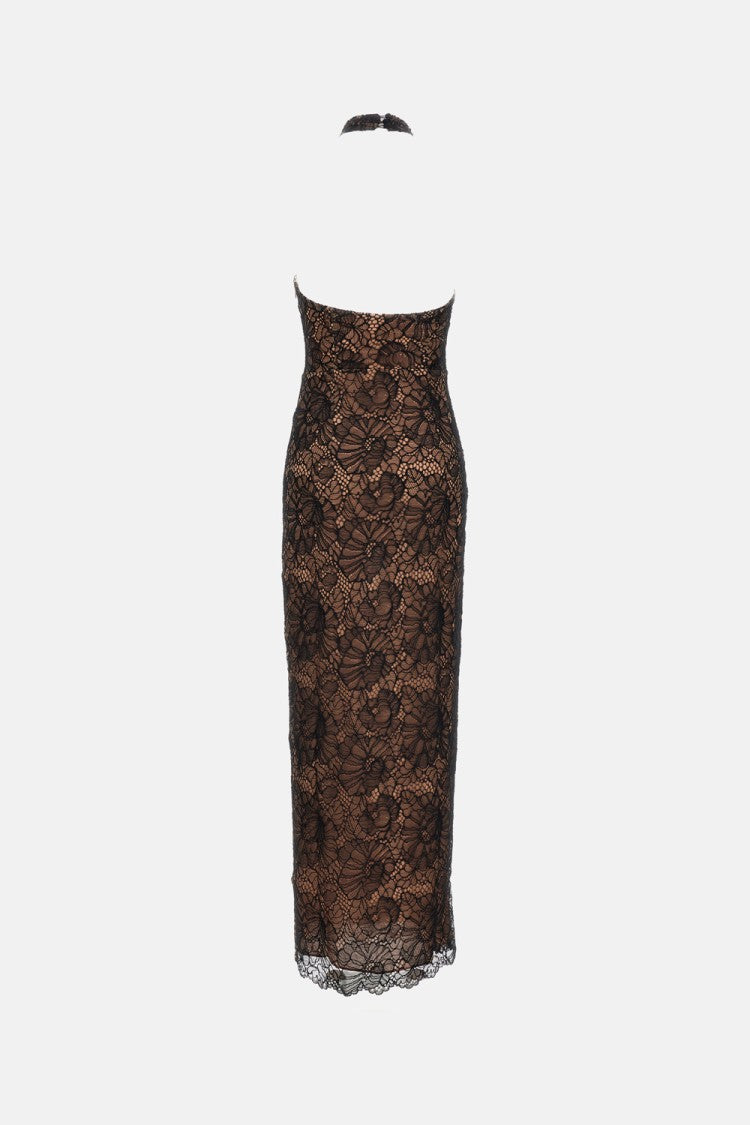 Rotate Floor-Length Floral Lace Halterneck Dress With Scalloped Hemline