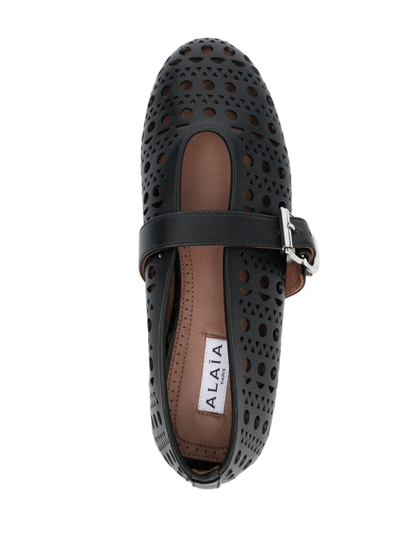 Alaïa Perforated Leather Ballerina Flats With Silver Buckle