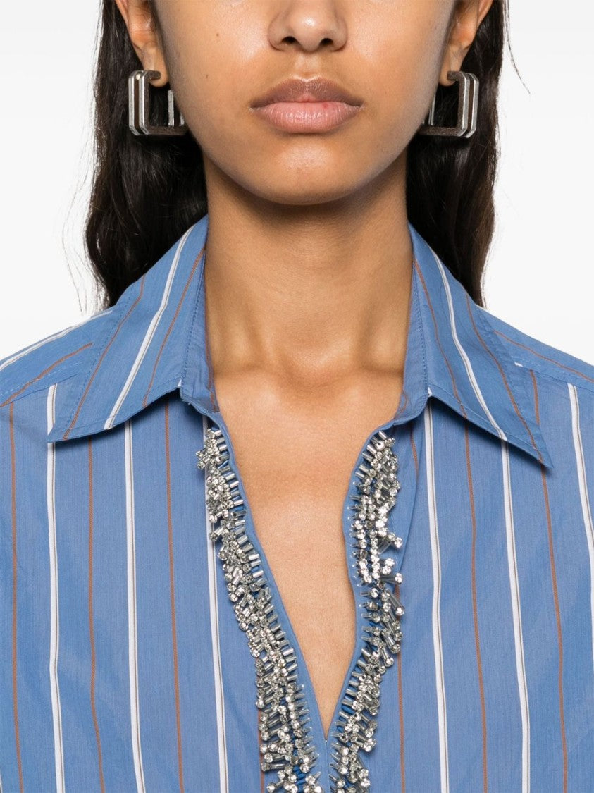 Pinko Blue And White Striped Shirt With Embellished Neckline