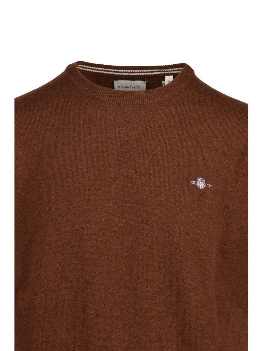 Gant Crewneck Pullover In Rich Brown Wool With Ribbed Details