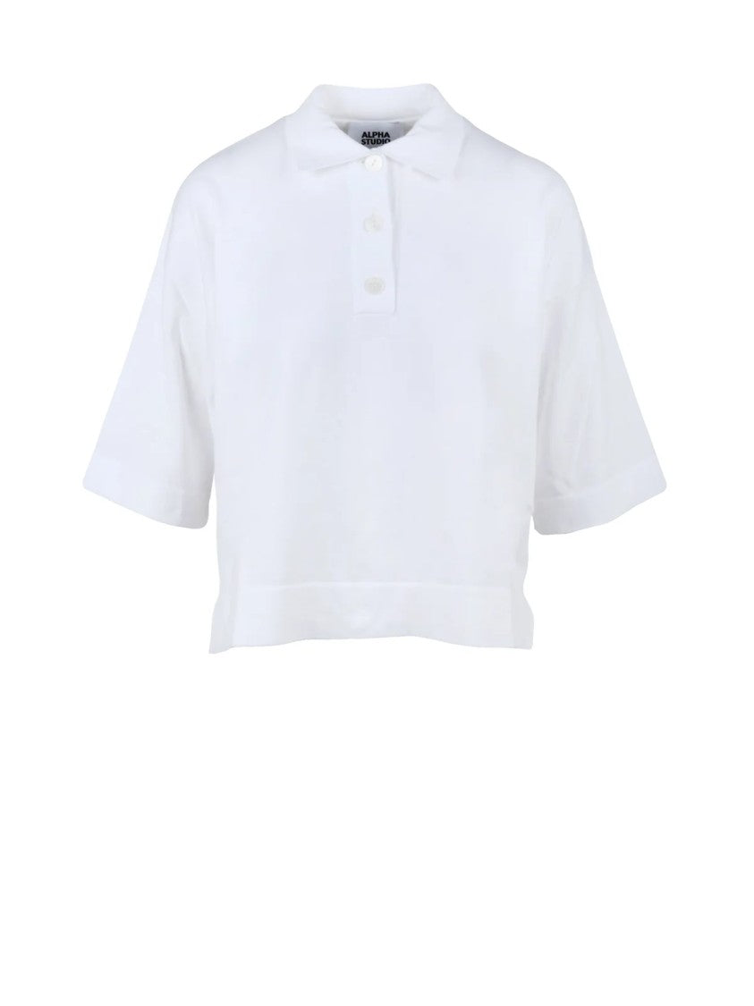 Alpha Studio White Cotton Knit Polo Shirt