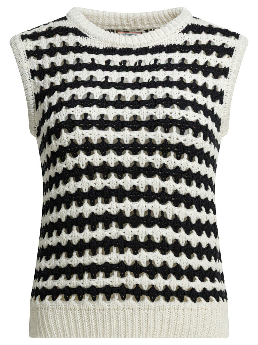 Ines De La Fressange Textured Knit Top With Alternating Stripes And Ribbed Edges