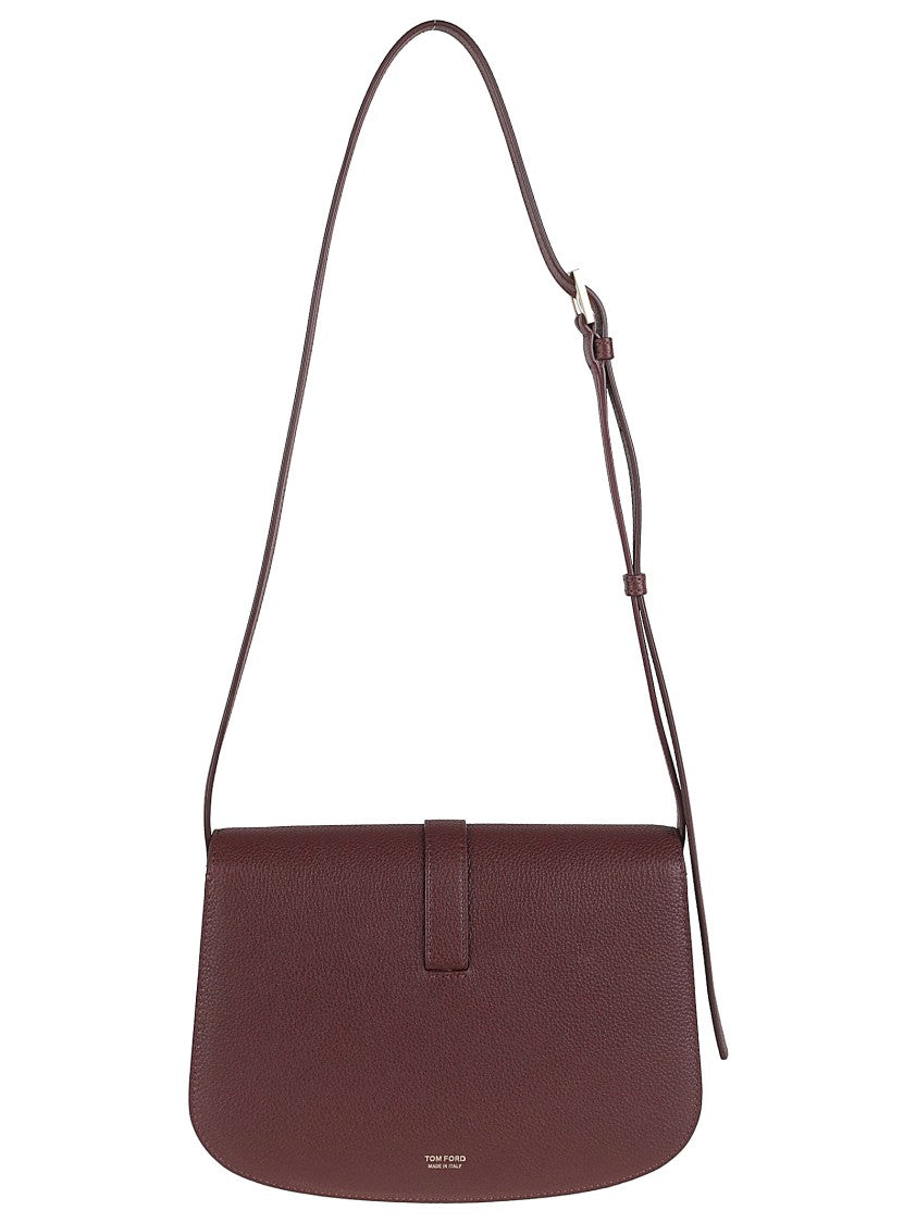 Tom Ford Textured Leather Shoulder Bag With Fold-Over Top And Gold Accents