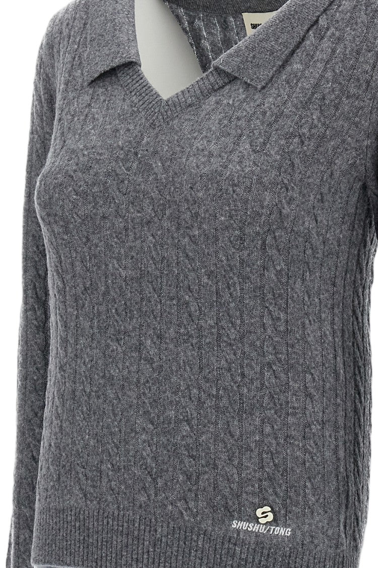 Shushu/Tong Grey V-Neck Chelsea Collar Cable Knit Wool-Lyocell Sweater