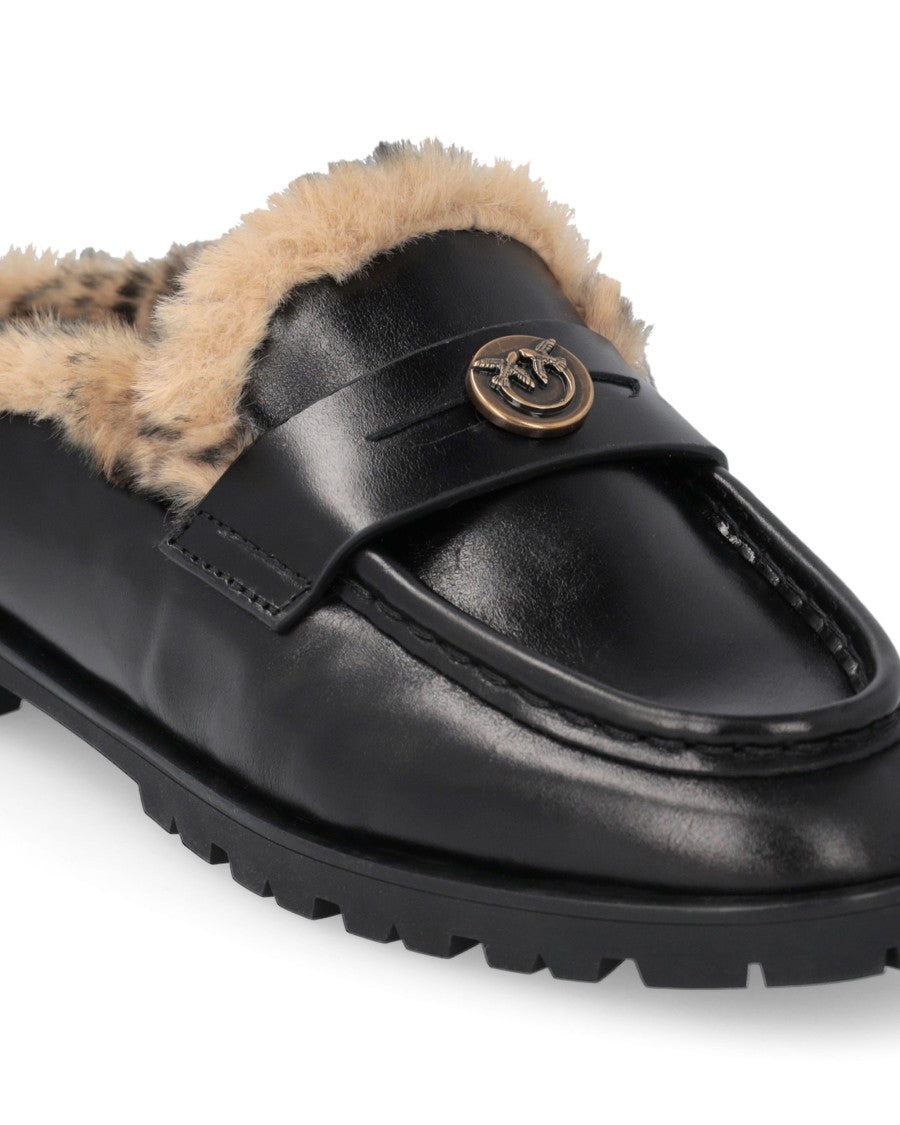 Pinko Black Leather Faux Fur Nora 09 Mules