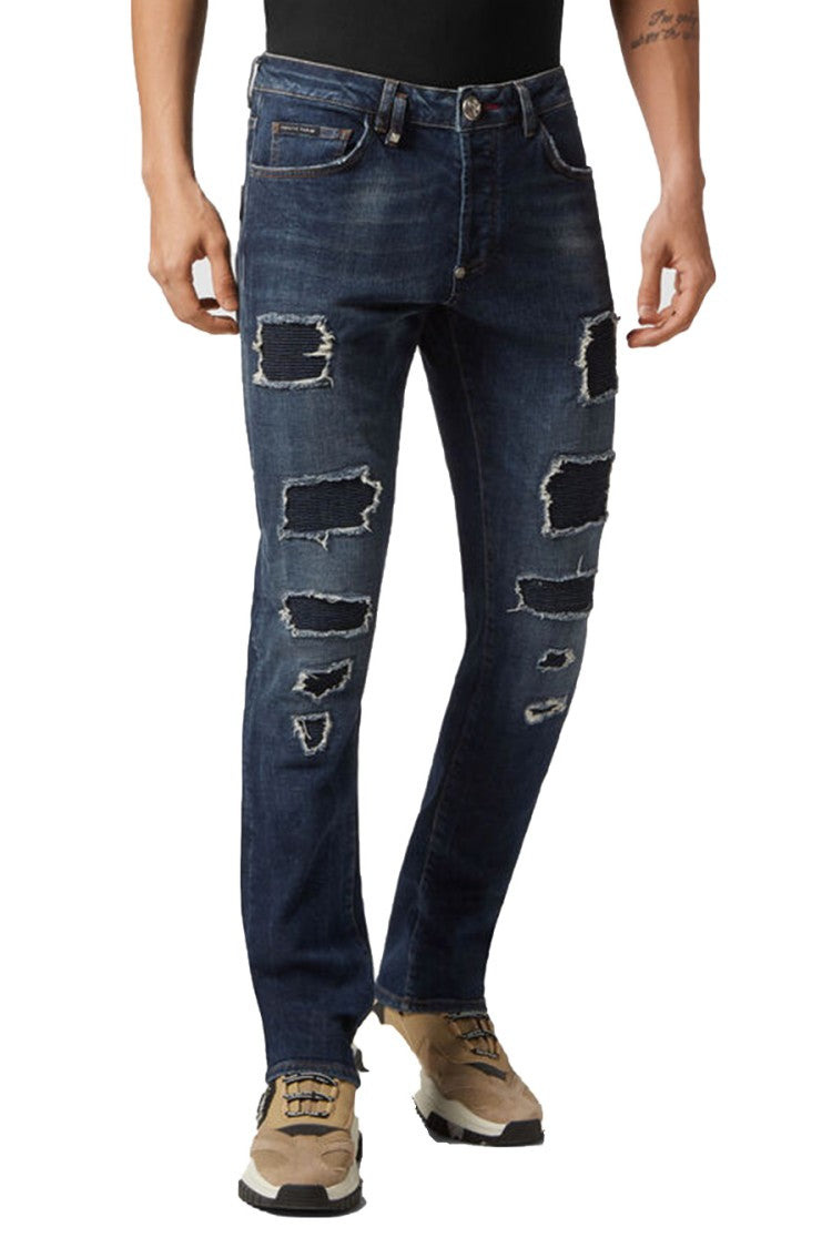 Philipp Plein Medium Wash Cotton-Blend Stretch Straight-Leg Jeans