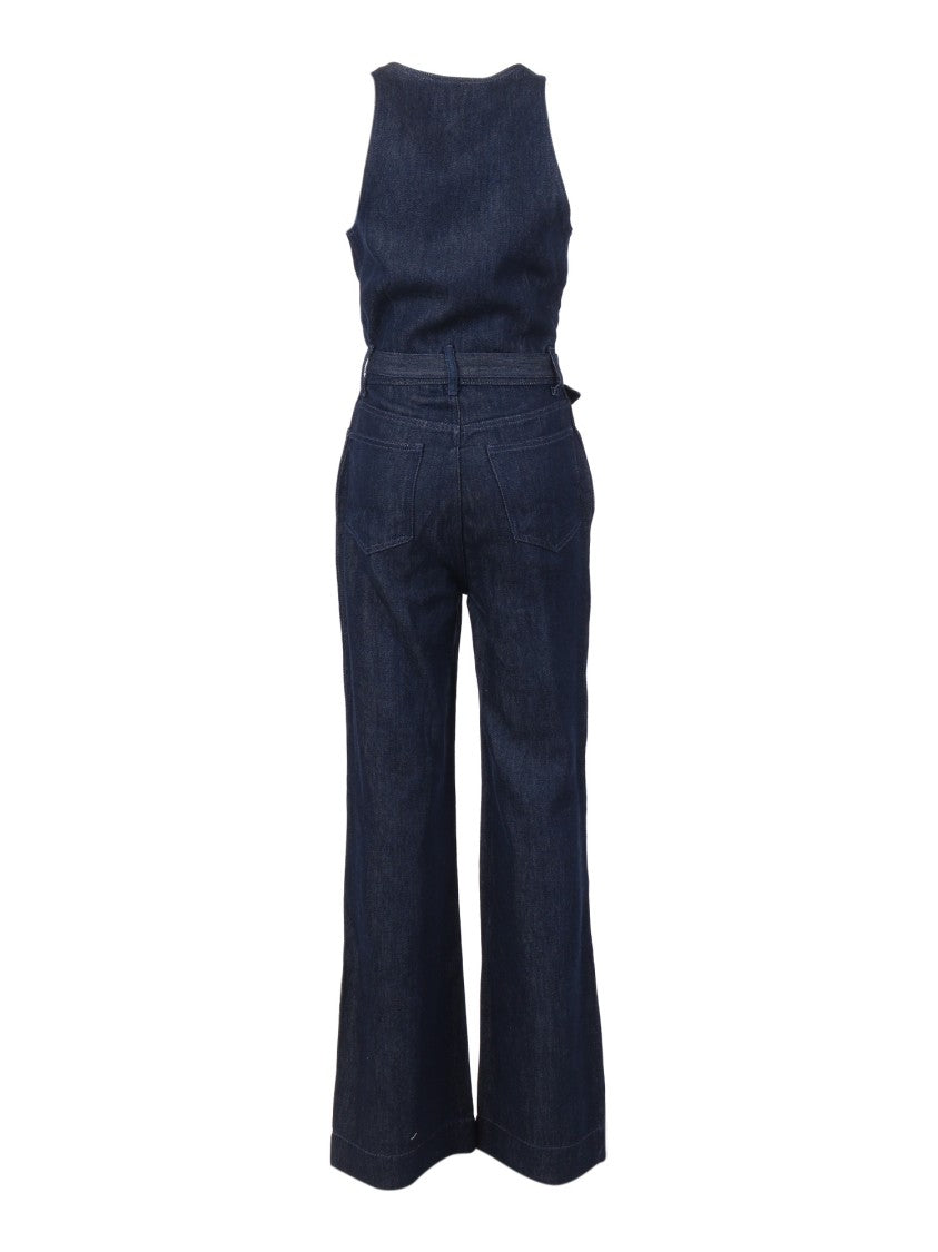 7 For All Mankind Dark Blue Wide Leg Tailored Jumpsuit Dark Rinse With Self Belt