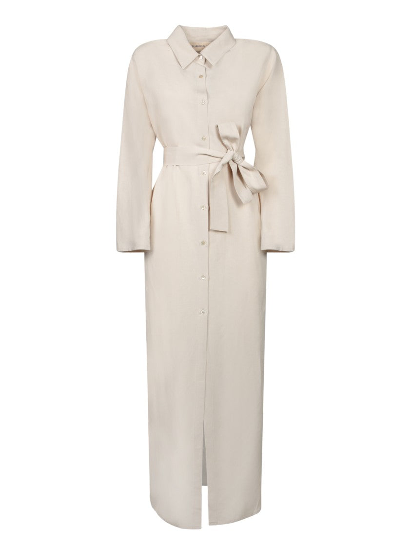 Blanca Vita Beige Maxi Dress With Classic Collar And Matching Belt