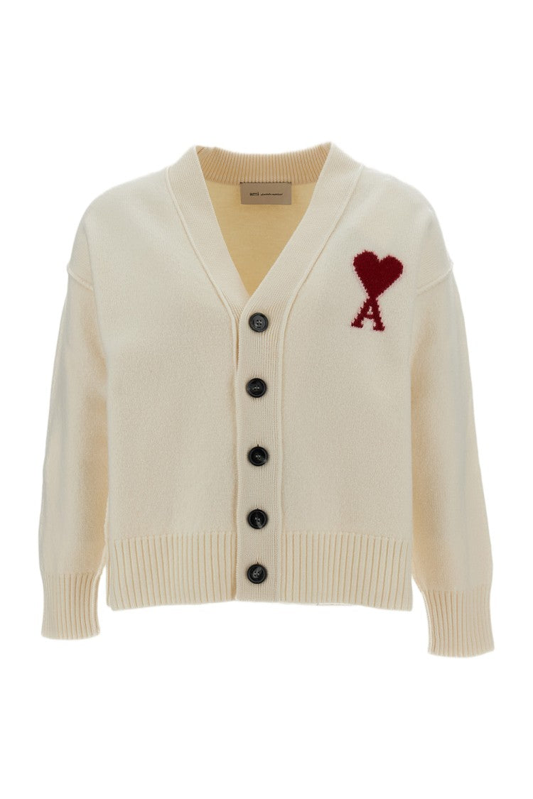 Ami Paris White Heart Intarsia Wool V-Neck Cardigan