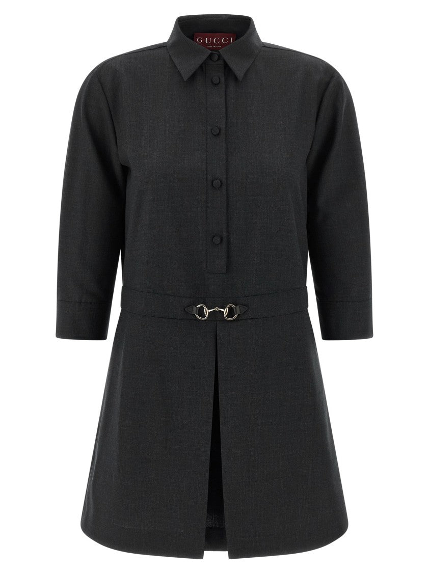 Gucci Mini Wool Shirt Dress With 'Morsetto' Metal Detail