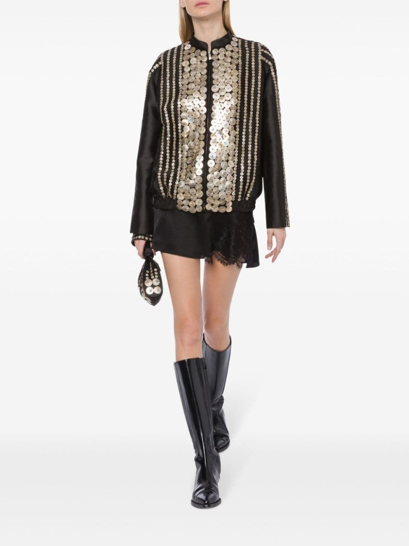 Alberta Ferretti Sequined Black Satin Bomber Jacket