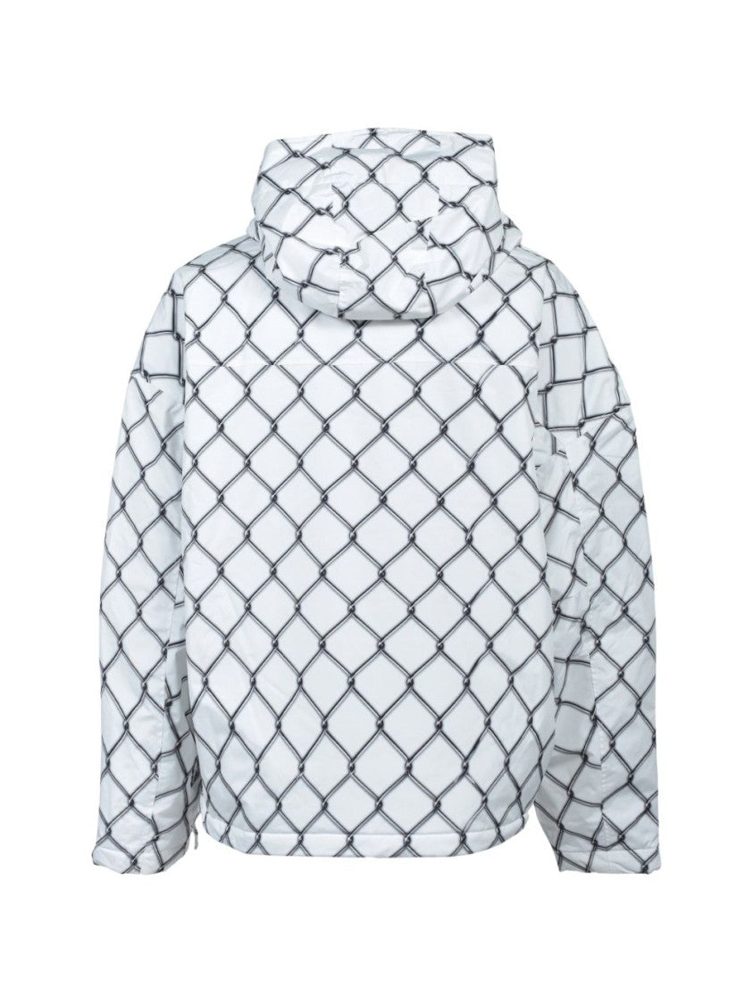 Napapijri Boxy White Jacket With Black Chain-Link Pattern And Hood