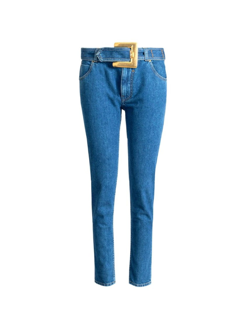 Balmain Straight-Leg Denim Jeans With Oversized Gold Buckle Belt