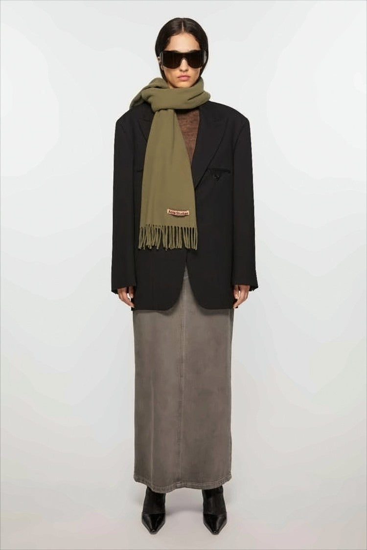 Acne Studios Solid Olive Green Wool Scarf With Fringed Ends