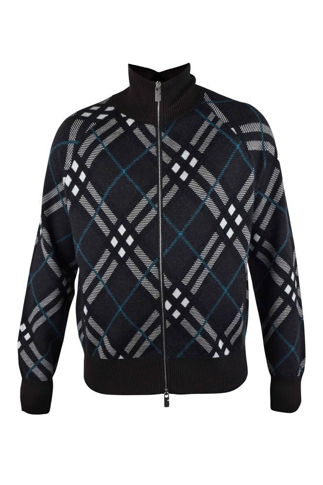 Burberry Check Pattern Wool Cardigan With High Collar