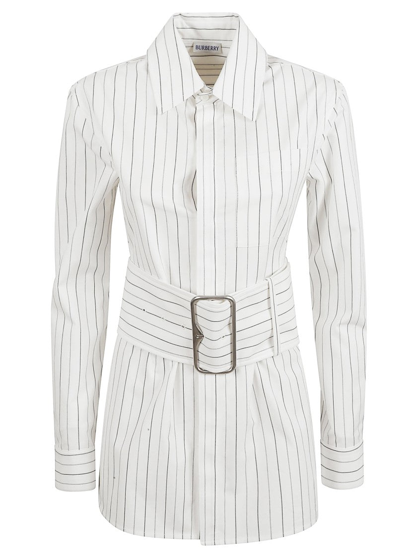 Burberry Vertical Striped Shirt With Belted Waist