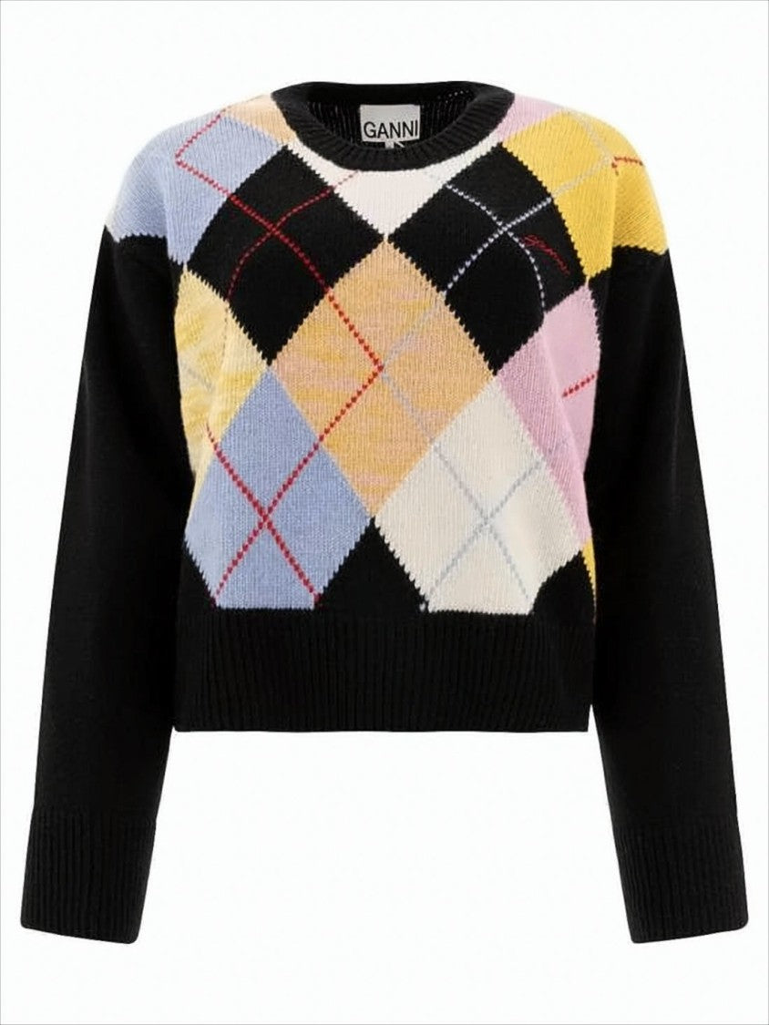Ganni Cropped Argyle Pattern Sweater With Snug Fit