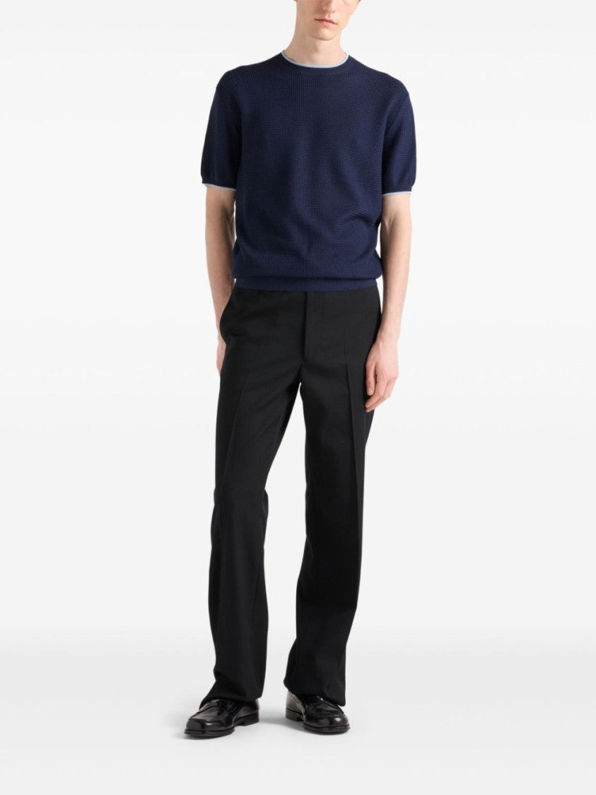 Prada Navy Blue Short-Sleeve Sweater With Contrasting Border