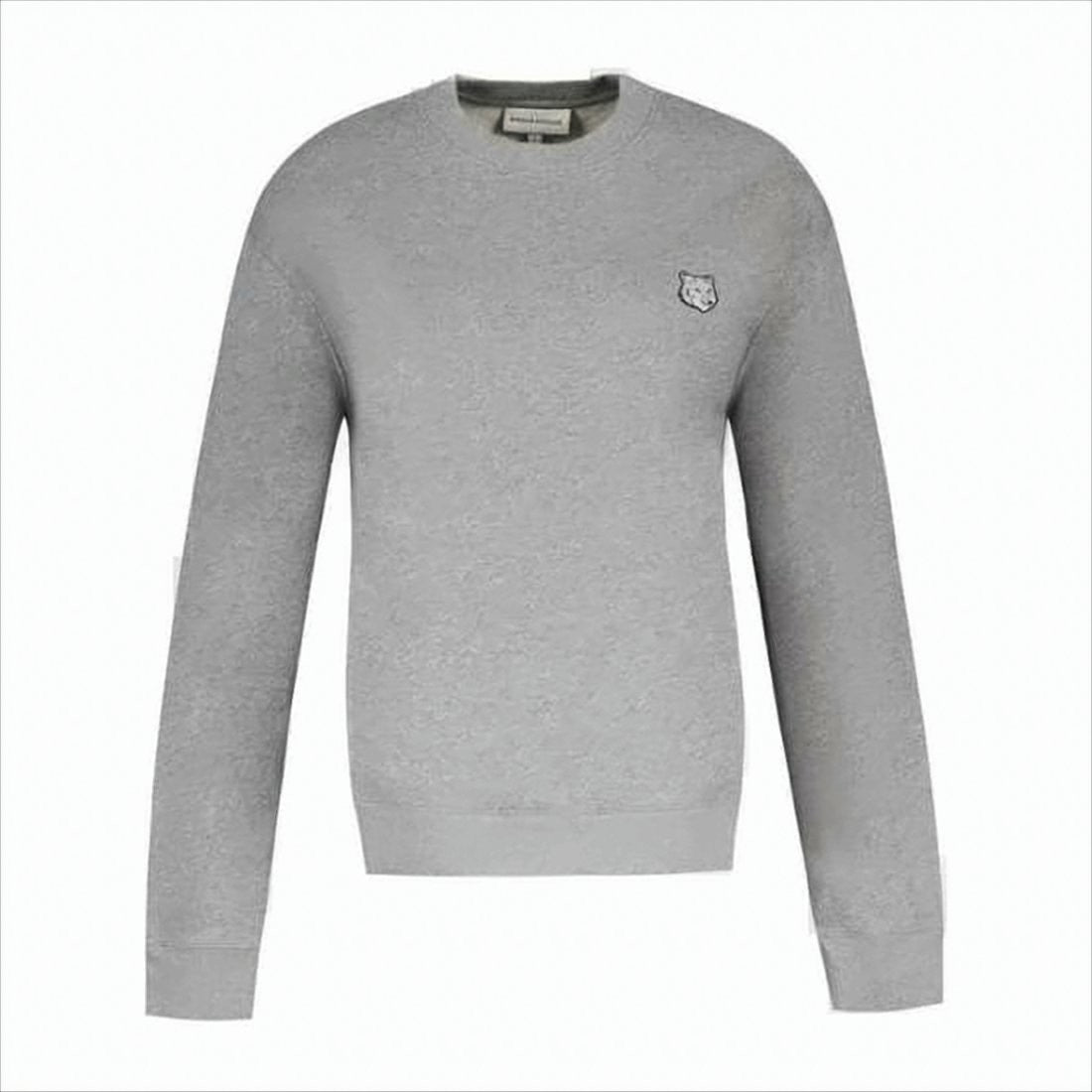 Maison Kitsuné Long Sleeve Crewneck Sweatshirt In Solid Grey With Embroidered Detail