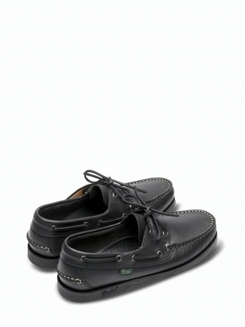 Paraboot Smooth Black Leather Loafers With Detailed Stitching