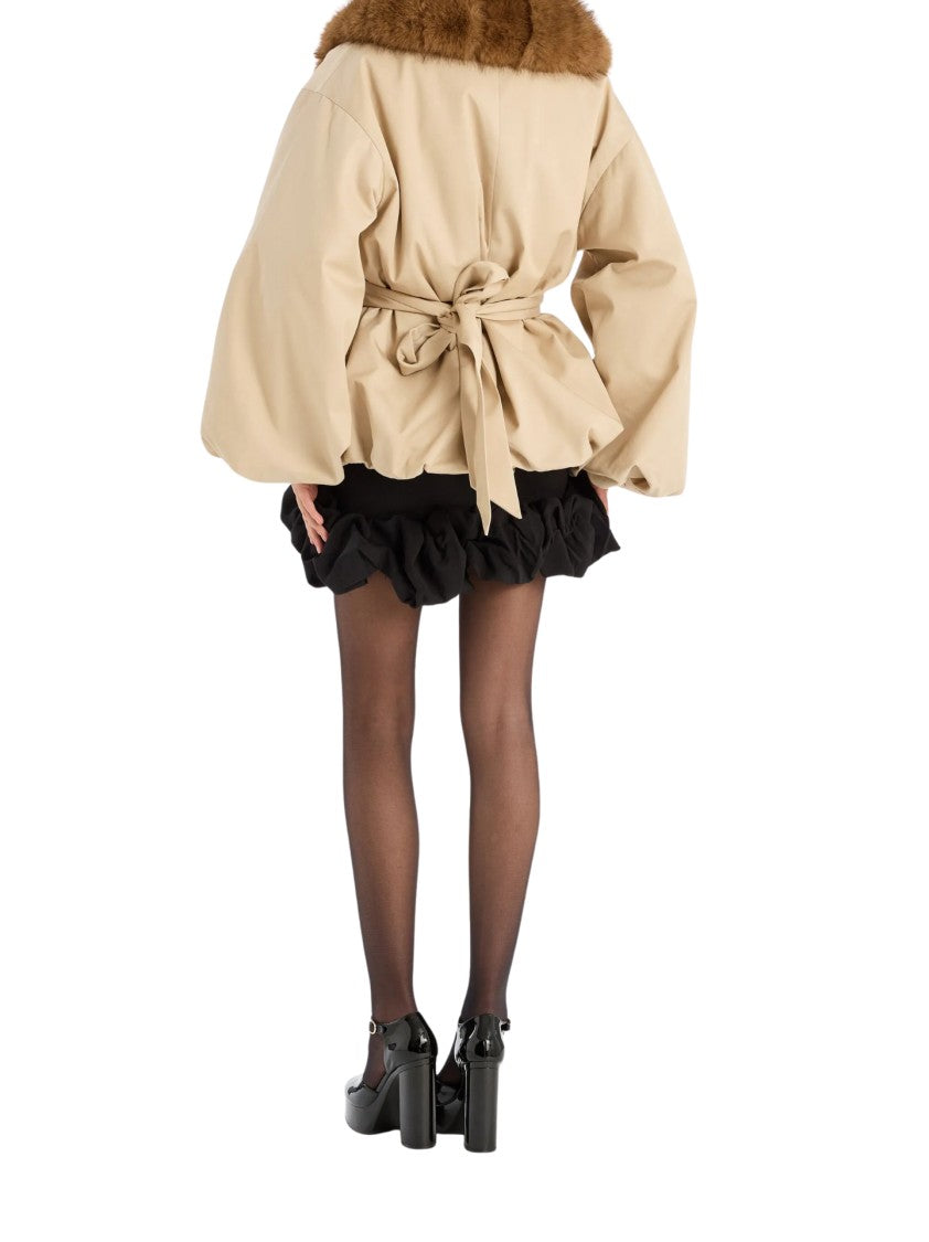 Rotate Voluminous Beige Jacket With Plush Fur Collar