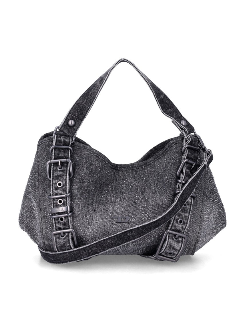 Diesel Textured Black Handbag With Buckle Details And Adjustable Strap