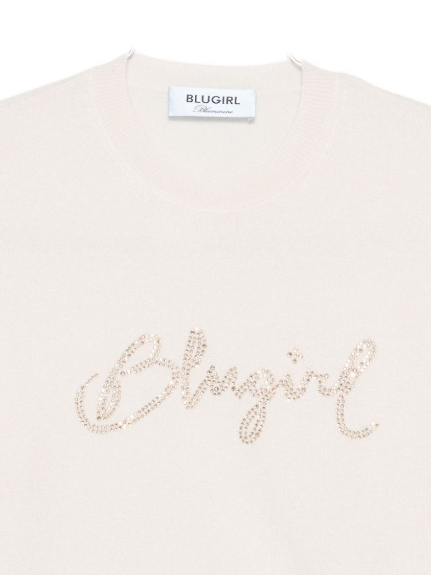 Blugirl Relaxed Fit White Sweater With Sequin Script Logo