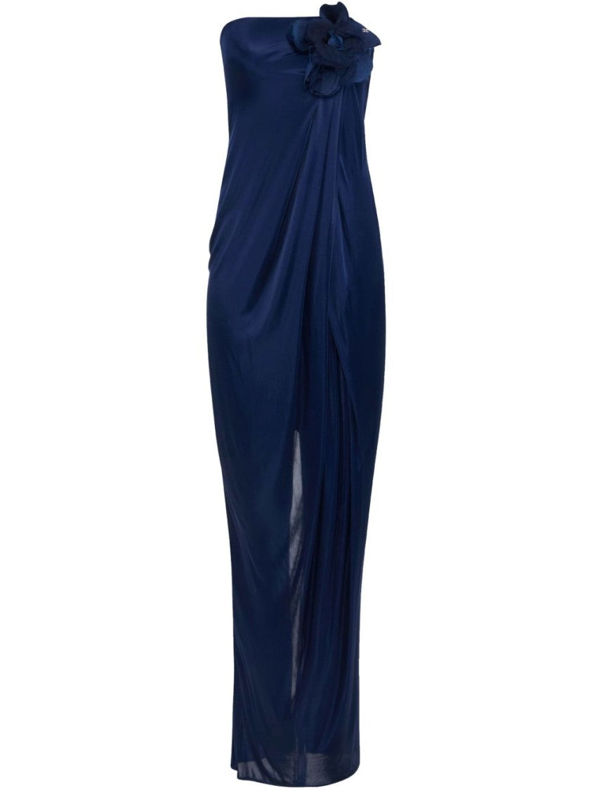 Elisabetta Franchi Long Strapless Blue Dress With Front Slit And Floral Embellishment