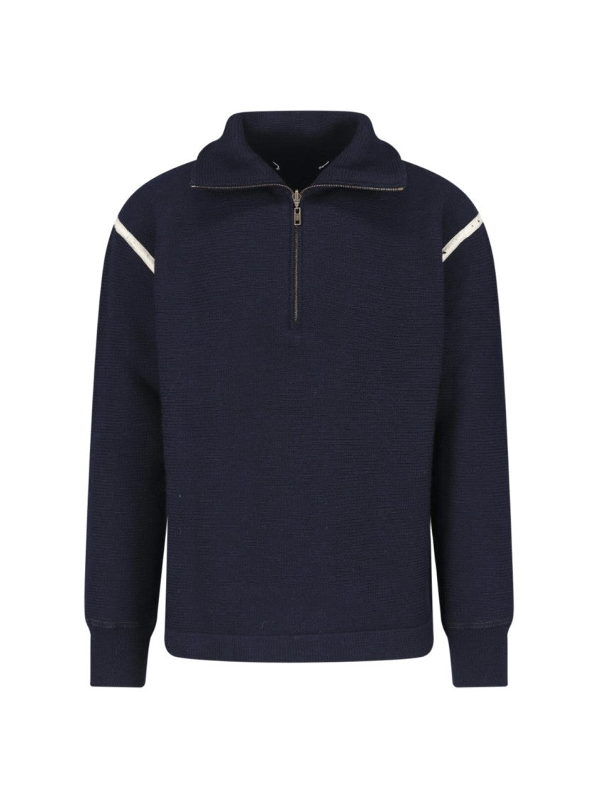 Maison Margiela Navy Wool Sweater With Half-Zip Closure And Contrast Details