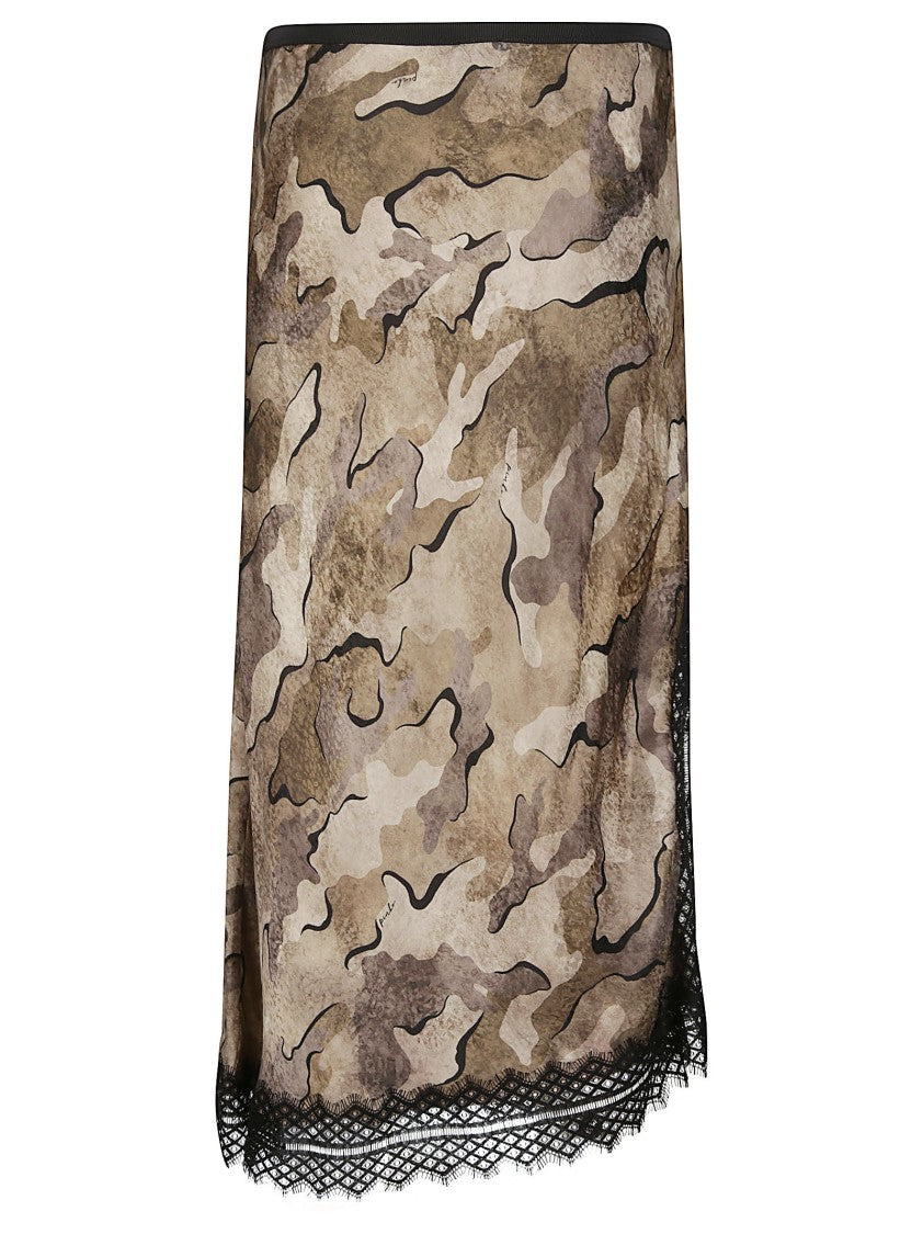 Pinko Ambrato Asymmetrical Camouflage Viscose Midi Skirt